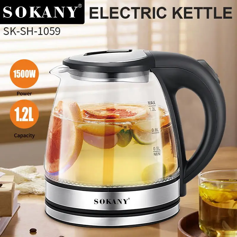 SOKANY1059, стеклянный чайник из нержавеющей стали объемом 1,2 л, бытовой электрический чайник Изображение 0