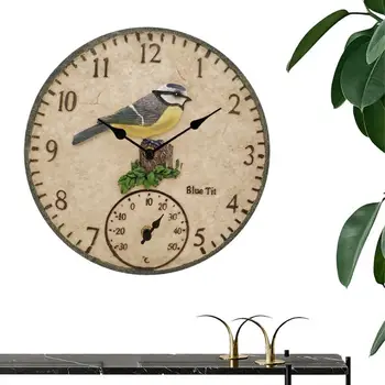 12-дюймовые настенные часы с батарейным питанием, температурный Внутренний Наружный подвесной термометр, Круглые настенные часы для украшения дома в стиле ретро