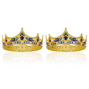 2 золотых королевских короны для мужчин - винтажная корона со стразами в стиле барокко, мужская королевская корона для театрального выпускного вечера.