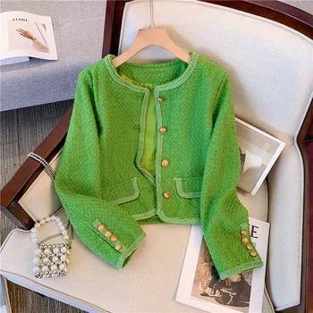 2023 Высококачественная Модная Твидовая куртка с небольшим ароматом, пальто, женские Корейские Элегантные Зеленые пальто, Новая Осенняя Французская Винтажная верхняя одежда