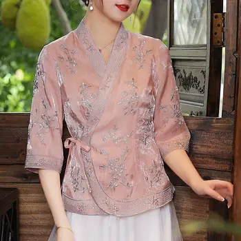 2023 женская улучшенная короткая женская одежда hanfu в китайском стиле, косая шнуровка спереди, женская вышивка, топ в этническом стиле для танго