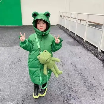 2023 Зимняя детская Пуховая хлопчатобумажная одежда Зеленая лягушка С капюшоном на молнии Средней длины, плюшевая, утолщенная, теплая, модная от 4 до 12 лет