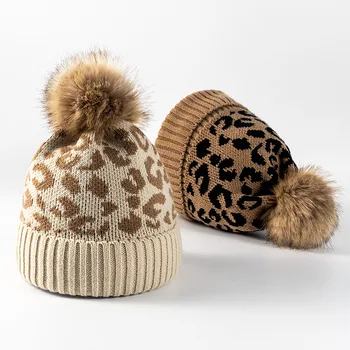 2023 Новая вязаная шапка с леопардовым принтом, модная зимняя шапка с помпонами, уличные женские теплые толстые шапочки, спортивная лыжная шапка для мужчин