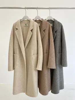 2023 Новое Женское Повседневное Длинное шерстяное пальто с воротником для костюма Корейского дизайна, прямое, свободное, однотонное шерстяное пальто на шнуровке с поясом