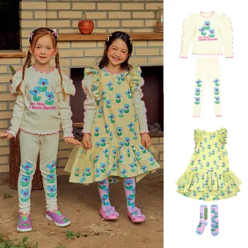 2023, Осеннее платье для девочек BEBEBE, Корейское издание, хлопковая подкладка с пузырчатым рукавом, длинная одежда с принтом + брюки, комплект