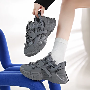 2023, Осенняя новая повседневная женская обувь на платформе, трендовые кроссовки из дышащей сетки на шнуровке, Женская удобная обувь для ходьбы