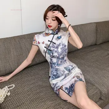 2023 сексуальное облегающее китайское мини-ципао vestido, традиционный костюм для банкета в ночном клубе, национальное платье ципао с цветочным принтом