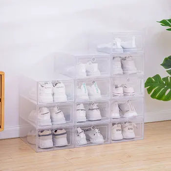 6 шт. / компл. Прозрачный Пластиковый футляр для обуви, Утолщенный выдвижной ящик, Пластиковые коробки для обуви, Штабелируемая коробка, Органайзер для обуви, коробка для обуви