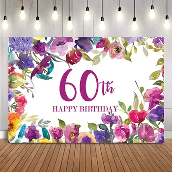 60-й День Рождения Фон для Украшения Вечеринки Фиолетовые Цветы Взрослые Женщины Тема Фото Фон Реквизит С Днем Рождения Настроить
