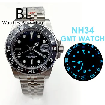 BL Japan NH34A GMT Автоматические мужские часы Черный Синий Красная вставка Синий Светящийся циферблат 40 мм Юбилейный Стальной браслет Дата Сапфировое стекло