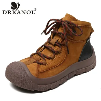 DRKANOL/ Женские ботинки, высококачественные ботильоны на плоской платформе из натуральной коровьей кожи для женщин, повседневные кроссовки, женская обувь с высоким берцем