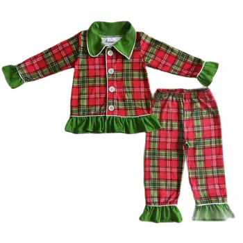GLP0138 Оптовая продажа детской одежды для девочек, пижамы в красную и зеленую клетку с длинными рукавами, удобные и мягкие