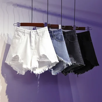 M-5XL Женские летние модные джинсовые шорты с кисточками, выстиранные потертые джинсы, Горячие рваные шорты, повседневные Корейские ширинки на молнии