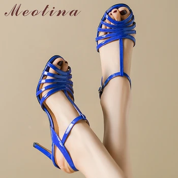 Meotina/ Женские босоножки из натуральной кожи с открытым носком, на тонком высоком каблуке, с Т-образным ремешком и пряжкой, женская модная обувь для вечеринок, летняя синяя