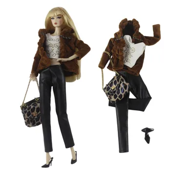 NK Official, 1 комплект, изысканное кукольное коричневое пальто, комбинация: благородное пальто + топ + кожаные брюки + высокие каблуки + сумка для вечеринки с куклами Барби