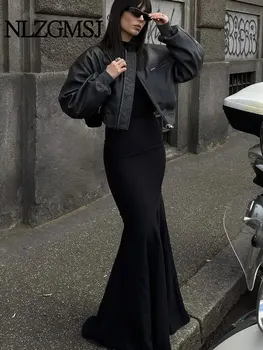 Nlzgmsj TRAF Шикарные укороченные куртки из искусственной кожи, женская короткая куртка-бомбер на молнии с длинным рукавом 2023, женская верхняя одежда для Хай-Стрит