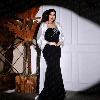 OIMG Черно-белые Атласные вечерние платья Русалки Без бретелек, кружевные бусы, Саудовские Арабские вечерние платья для выпускного вечера, праздничное платье для вечеринки