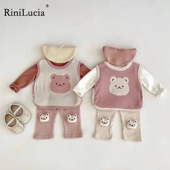 RiniLucia Комплект одежды для маленьких девочек, детский костюм для малышей, Милая детская рубашка с рисунком из мультфильма, верхняя одежда, Жилет, Леггинсы, 3 шт., Наряды