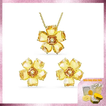 S 2023 Высококачественные роскошные ювелирные изделия, ожерелье и серьги с кристаллами в виде желтого цветка, модные новинки для милых дам, обязательные для вечеринки