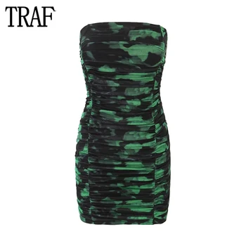 TRAF 2023 Женское корсетное платье с рюшами, мини-платья с открытыми плечами для женщин, женское платье из тюля без рукавов, Сексуальное летнее платье с открытой спиной