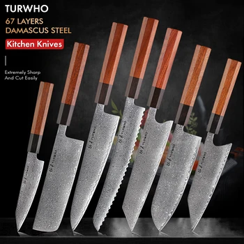 TURWHO Японские Кухонные ножи ручной ковки Дамасский Нож шеф-повара из Высокоуглеродистой стали VG10 Santoku Nakiri Нож для выпечки хлеба Ручной работы