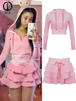 Y2K, розовая укороченная куртка на молнии, милые женские толстовки и многослойная юбка, наряд для кавайной девушки, осень-зима, повседневная уличная одежда для кокеток