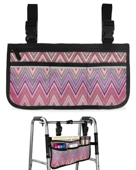 Абстрактная сумка для инвалидной коляски в этническом стиле с зигзагообразными полосками, карманами, подлокотниками, боковыми сумками, сумкой для хранения на раме для ходьбы от электрического скутера