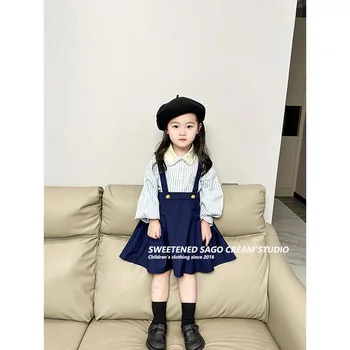 Блузки Детская одежда Новая рубашка для девочек Осенний сезон В Корейскую полоску, свободный воротник с лацканами, хлопок, Простой Длинный рукав