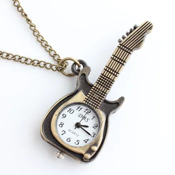 Бронзовая гитара, маленькие настенные часы, модные кварцевые карманные часы в стиле ретро, стимпанк, унисекс, модные часы-брелки reloj de bolsillo