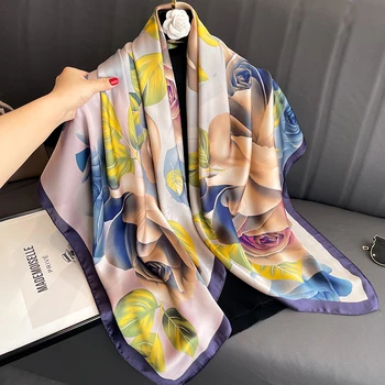 Весенне-осенний модный дизайн, Элегантная Дорожная шаль с цветочным принтом, женский шарф-хиджаб с квадратной имитацией шелка