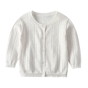 Весенне-осенний свитер из чистого хлопка для новорожденной девочки, кардиган, полый вязаный тонкий жакет