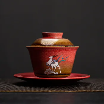 Гайвань с оленем для чая Керамическая Супница с крышкой Чайная посуда Китайская Чаша для красного чая Chawan