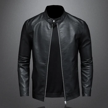 Демисезонная кожаная куртка, мужская тонкая куртка из искусственной кожи с воротником-стойкой, модное мотоциклетное повседневное пальто, мужское мото-байкерское кожаное пальто