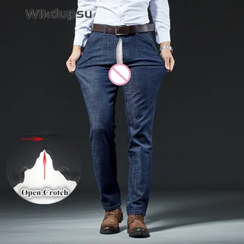 Демисезонный Мужской StretchSexy Невидимые Двойные Молнии, открытая Промежность, одежда для секса на открытом воздухе, Повседневные офисные Классические джинсовые брюки