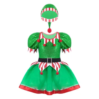 Дети Девочки Хэллоуин Рождественский костюм эльфа для косплея Рождество Новый год Платье Санта Клауса, украшенная блестками и помпонами сетчатая пачка со шляпой