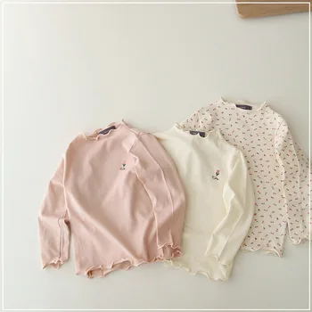 Детская одежда, базовая рубашка для девочек на весну-осень, Корейский стиль 2023, новинка, милый однотонный цвет с цветочным принтом и круглым вырезом, милый однотонный цвет