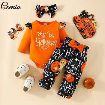 Детские наряды Ceeniu My First на Хэллоуин Для девочек, Оранжевое боди и штаны с тыквой, праздничные комплекты для новорожденных, костюм на Хэллоуин 2024 г.