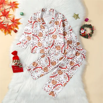 Детский Рождественский пижамный комплект Suefunskry, однобортные топы с принтом печенья Санта-Клауса с длинными рукавами и брюками, пижамы, домашняя одежда