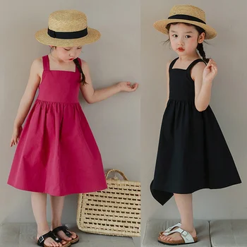 Детское Платье для маленьких девочек, летнее платье без рукавов с классическим квадратным вырезом, однотонная одежда с перекрестным рисунком на спине, детские платья