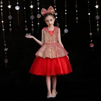 Детское платье, красная юбка для девочки, платье принцессы для театрального подиума, платье для фортепианного представления, рубашка на день рождения для семьи