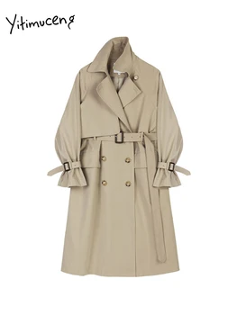 Длинная куртка Yitimuceng, тренч для женщин, осень-зима 2023, Новые Корейские модные двубортные повседневные пальто с отложным воротником