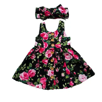 Для Малышей, Маленьких девочек, Летнее платье с цветочным рисунком, вечерние платья принцессы без рукавов, повязка на голову, 2 предмета, от 0 до 4 лет