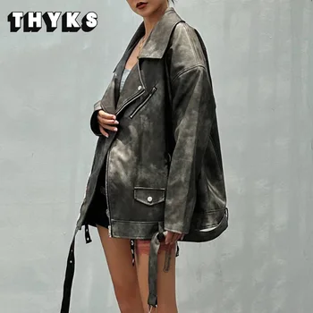 Европейско-американская куртка из искусственной кожи, женская куртка с отворотом и молнией, свободное пальто оверсайз, куртки из искусственной кожи в мотоциклетном стиле, Универсальная мода