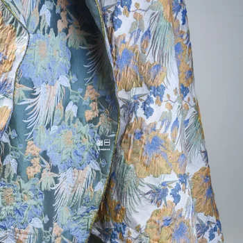 Жаккардовая ткань с объемной текстурой желтого цветка и синих листьев, юбка-сумка, куртка, широкие брюки, дизайнерский костюм, ткань для шитья