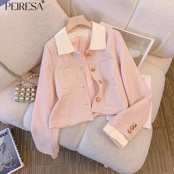 Женский Твидовый жакет с пайетками PEIRESA Pink Color Block 2023, осень-зима, однобортное короткое пальто с отворотом и карманом, верхняя одежда