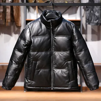 Зимние Высококачественные мужские теплые утолщенные куртки для отдыха на открытом воздухе Черного цвета, повседневные дубленки с воротником-стойкой, пуховик из натуральной кожи