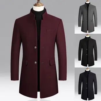 Зимний мужской тренч с длинным рукавом средней длины, теплая куртка, пальто, классическая однотонная ветрозащитная приталенная куртка, мужская модная шерстяная куртка