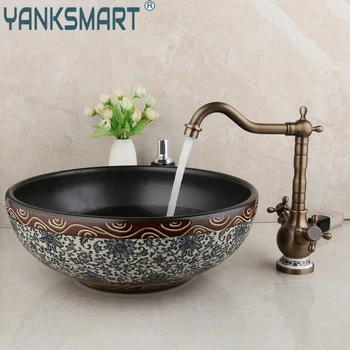 Керамическая круглая чаша YANKSMART, Раковина для ванной комнаты, смеситель из античной латуни, кран для воды, комбинированный кран с всплывающим сливом