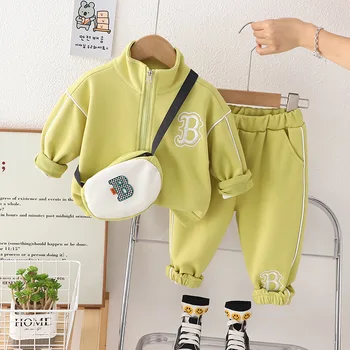 Комплект одежды для бутика Baby Boy 2023, Кардиган на молнии с Корейскими буквами, Куртки с длинными рукавами, Брюки, детские костюмы, детская верхняя одежда