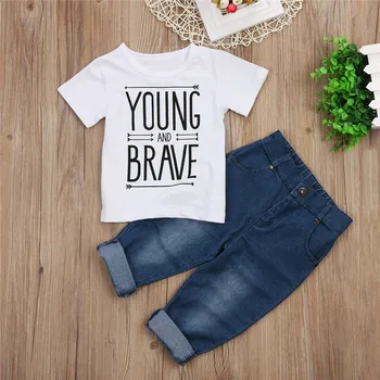 Комплект одежды для маленьких мальчиков от 1 до 5 лет, футболка с короткими рукавами, топы + джинсы, комплект джинсовых штанов для маленьких мальчиков, летняя джинсовая одежда